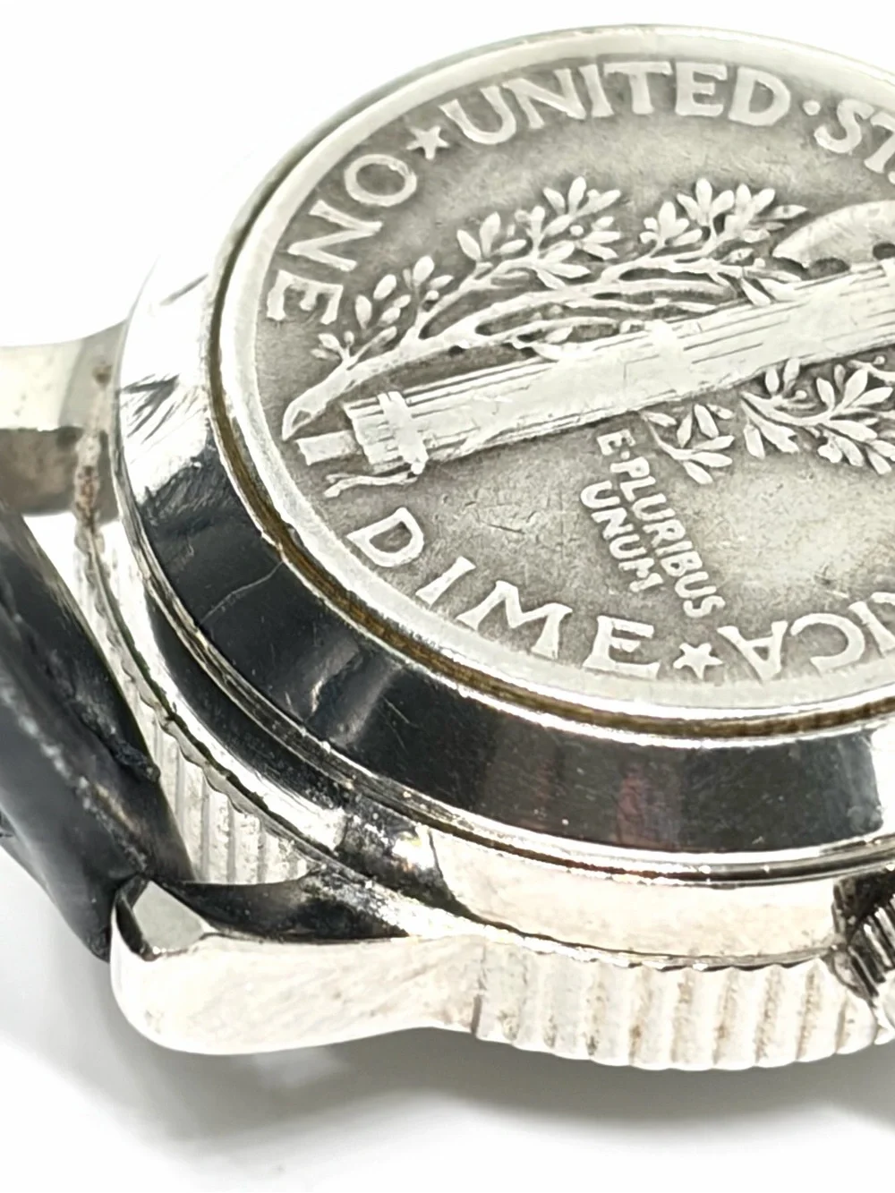 Vintage WORKING Mercury Silver Dime Ladies Quartz Wrist Watch Leather Strap